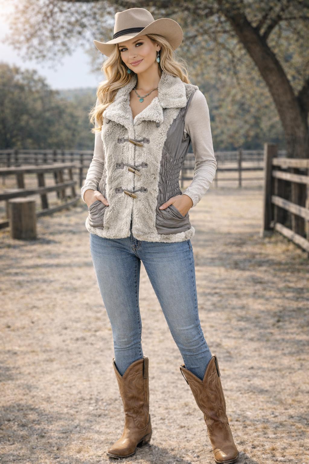 Faux Fur Vest with Gathered Nylon Sides, Hidden Zipper Pockets and Toggle Closure