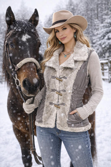 Faux Fur Vest with Gathered Nylon Sides, Hidden Zipper Pockets and Toggle Closure