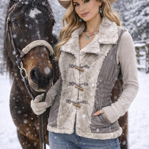 Faux Fur Vest with Gathered Nylon Sides, Hidden Zipper Pockets and Toggle Closure