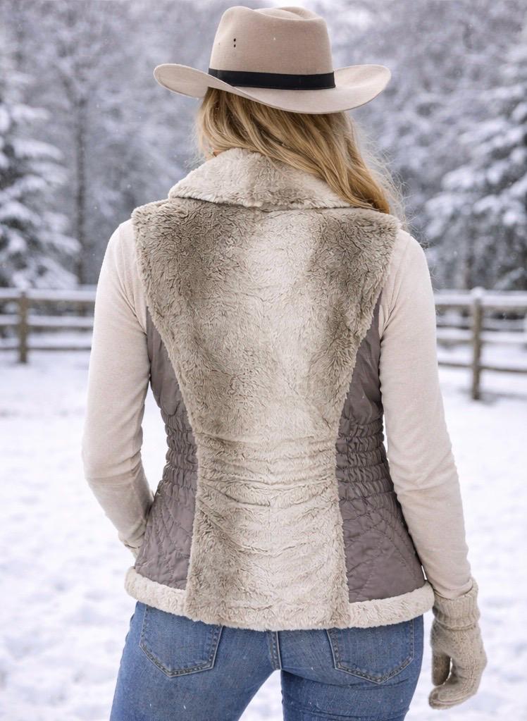 Faux Fur Vest with Gathered Nylon Sides, Hidden Zipper Pockets and Toggle Closure