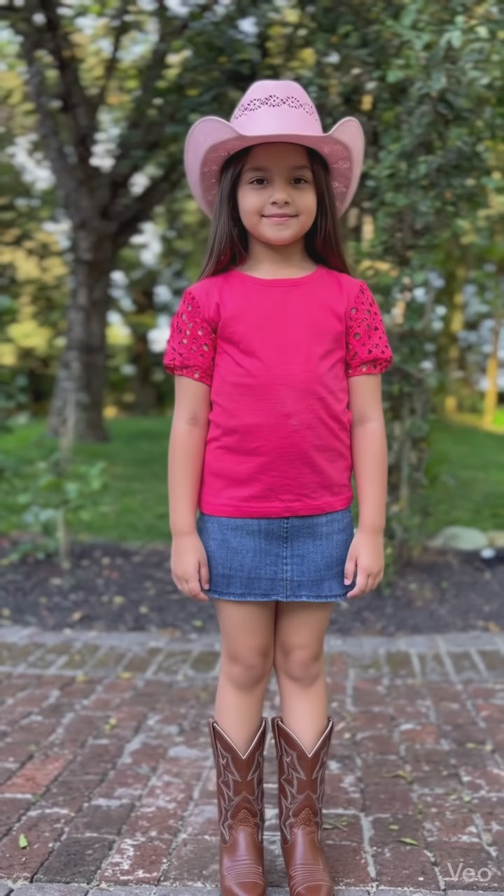 Girls Premium Cotton Knit Top with Eyelet sleeves.GMA-2086