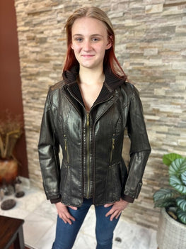 Faux leather Jacket with knit Cap - (801108)-BRN/CHOCO