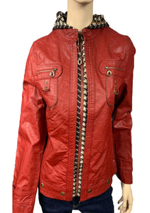 Women's Faux leather jacket with printed hood & front placket-(801111)-RED