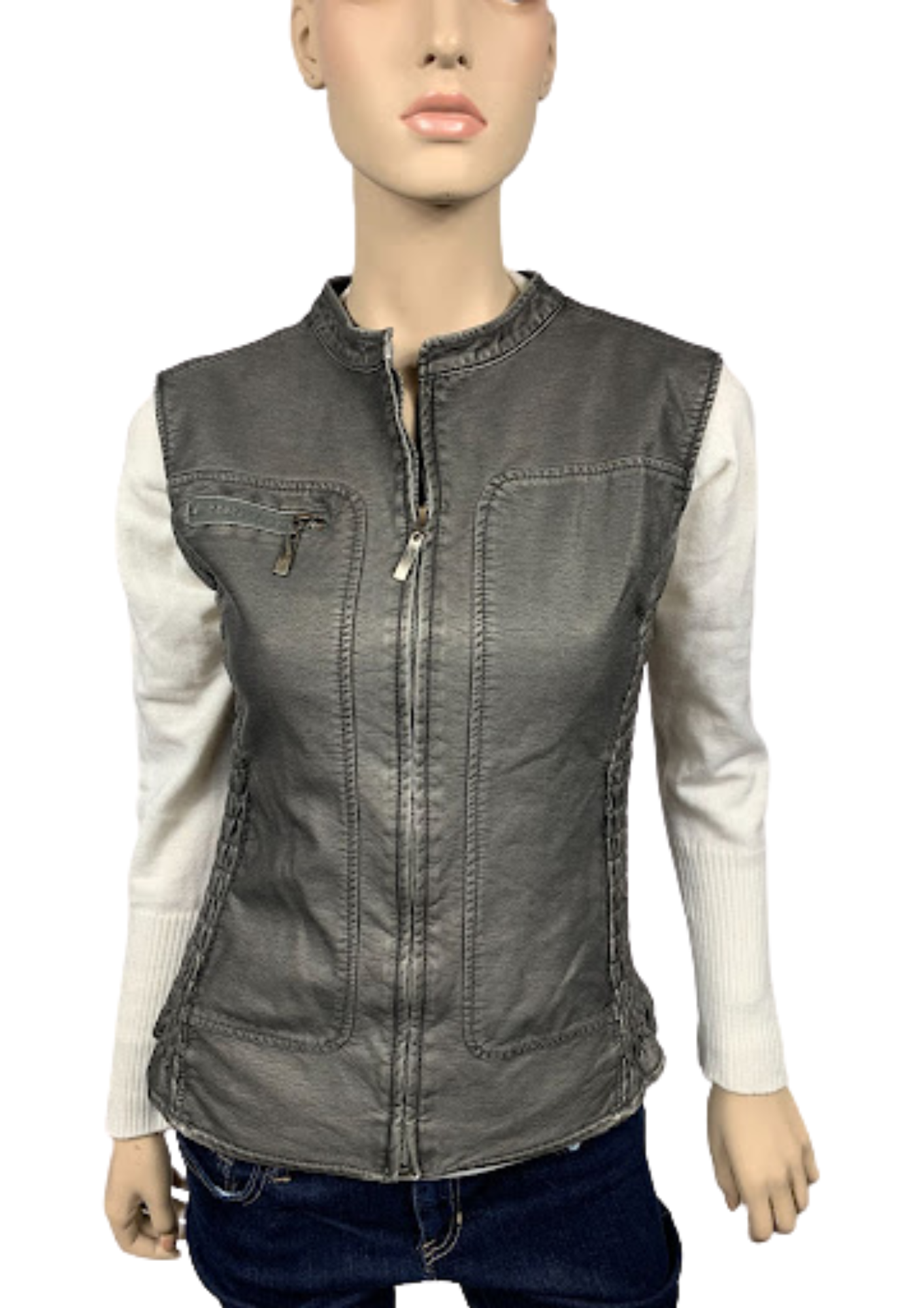 Women's Faux leather vest - (B3152)-GRY/CHAR
