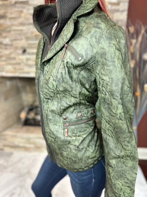 Women's Faux leather Jacket-BF1701-WGRN/OLIVE