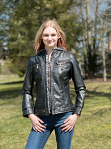 Women's Faux leather jacket with printed hood &front placket-801111-BLK